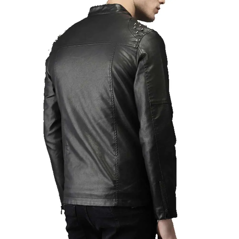 Men's Black Biker Tab Collar Real Leather Jacket Studded