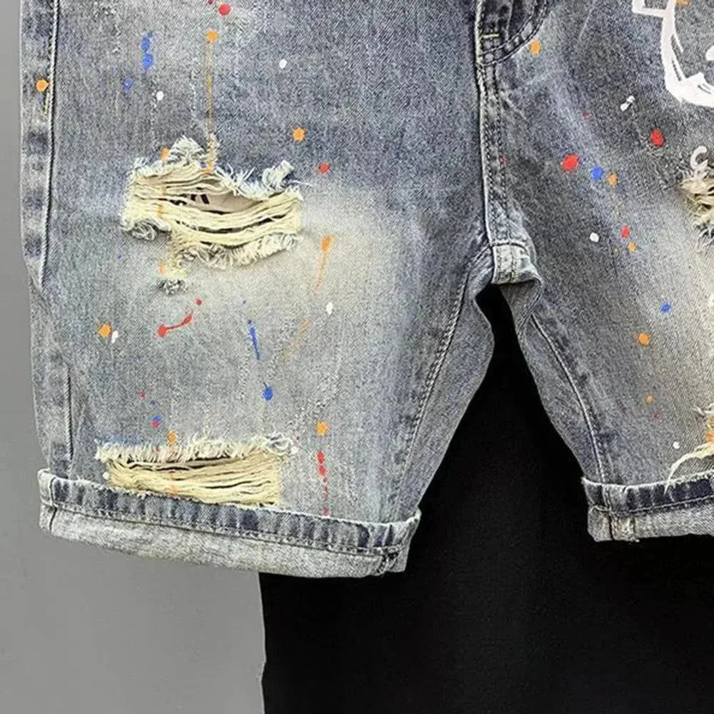 Mens Casual Y2k Cute Bear Print Ripped Denim Shorts 2024             .