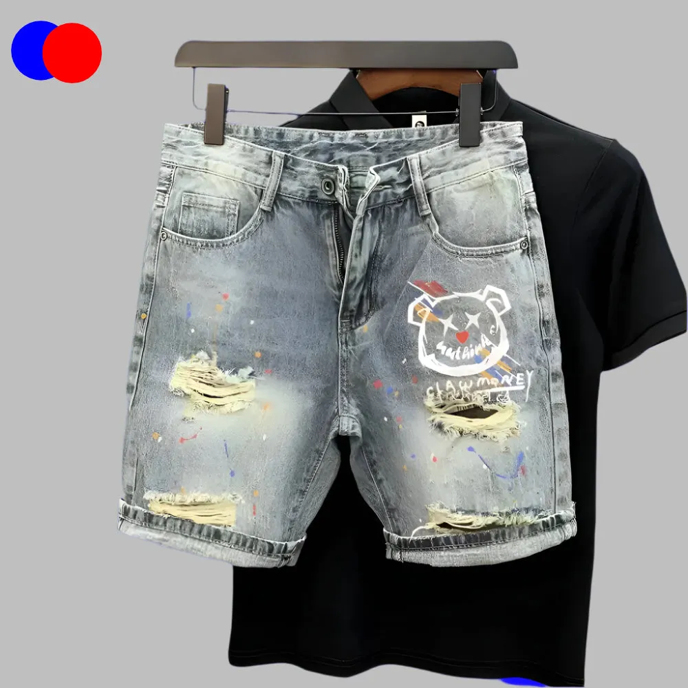 Mens Casual Y2k Cute Bear Print Ripped Denim Shorts 2024             .