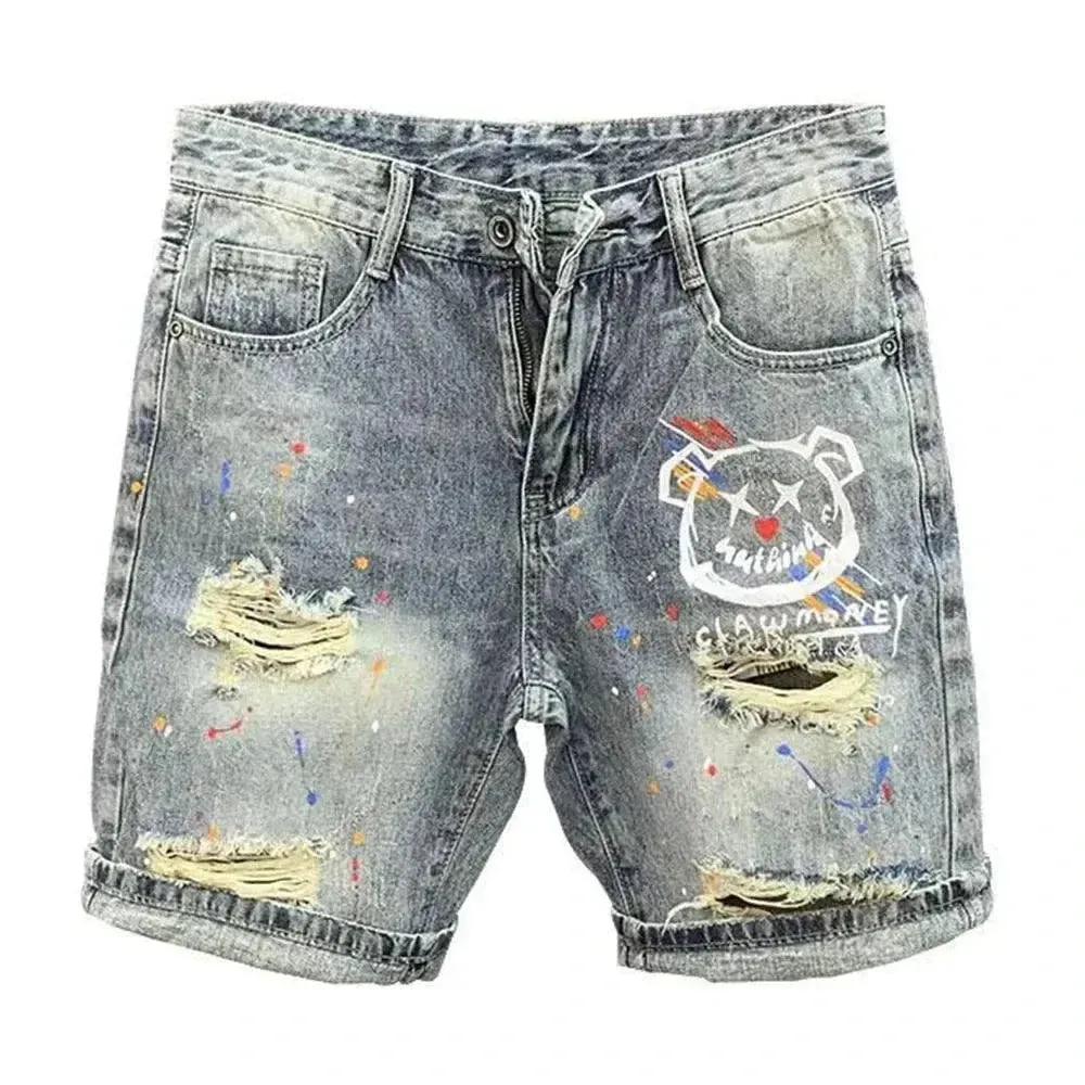 Mens Casual Y2k Cute Bear Print Ripped Denim Shorts 2024             .