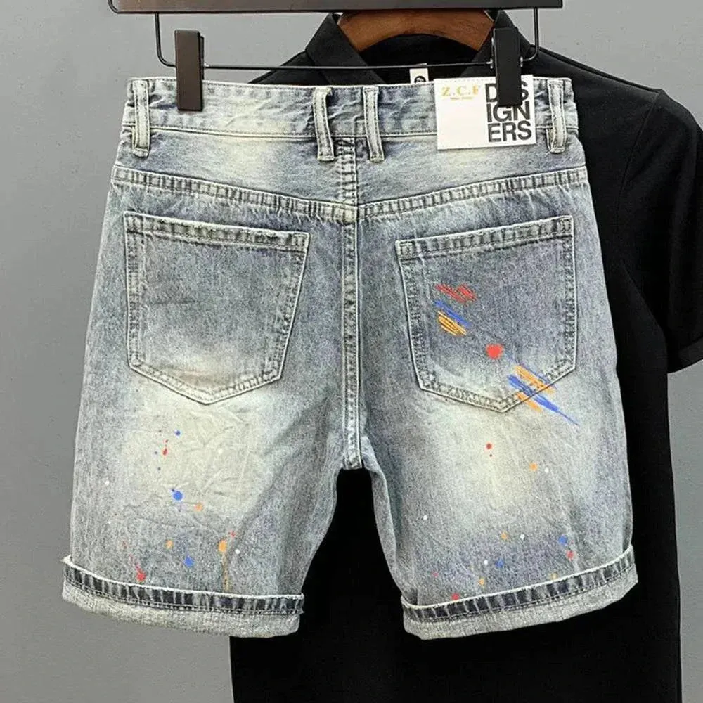 Mens Casual Y2k Cute Bear Print Ripped Denim Shorts 2024             .