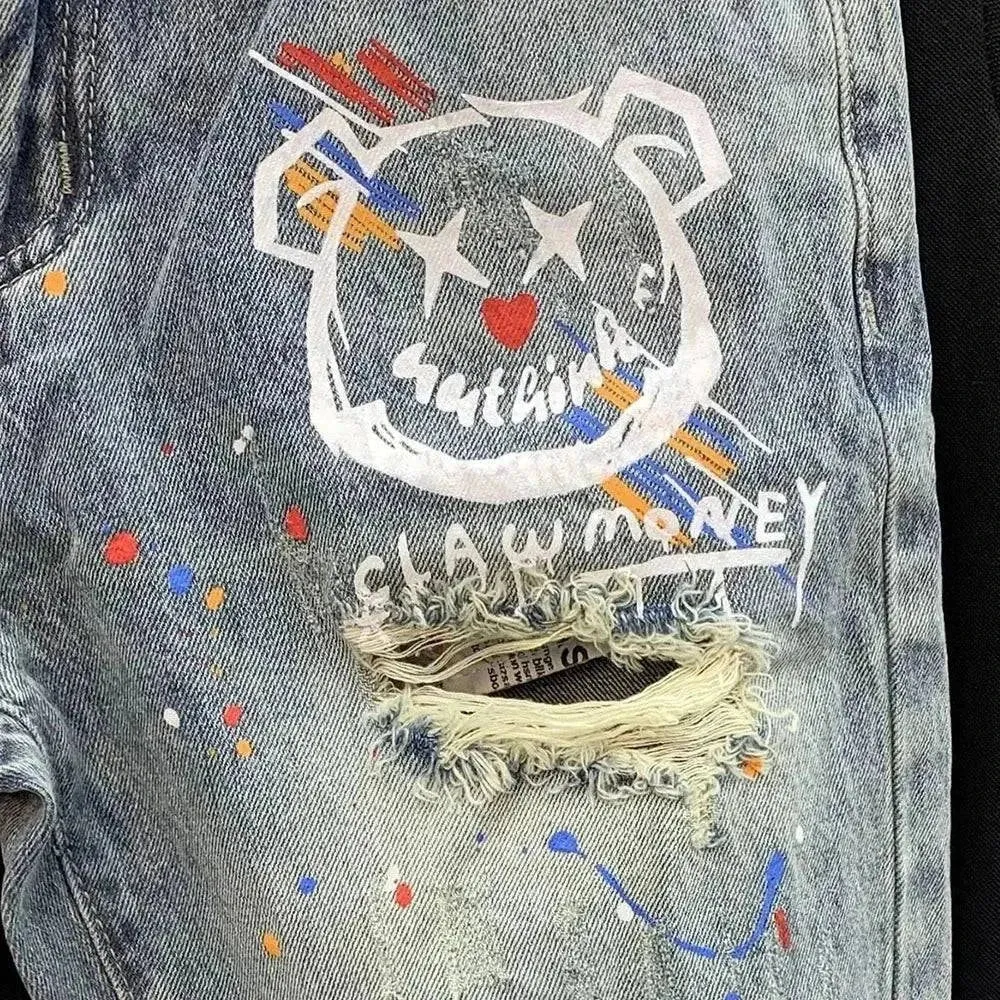 Mens Casual Y2k Cute Bear Print Ripped Denim Shorts 2024             .