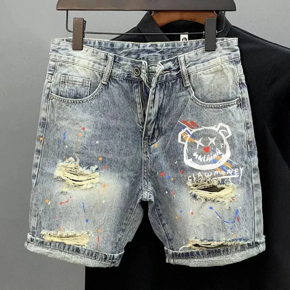 Mens Casual Y2k Cute Bear Print Ripped Denim Shorts 2024             .