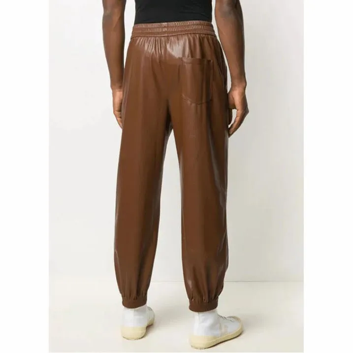 Men's Dark Brown Leather Pant With Rib Knit Ankles