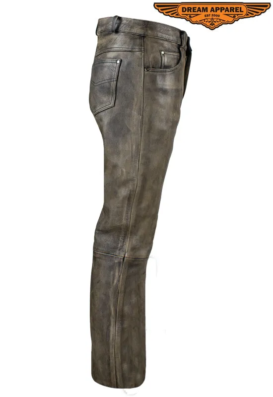 Mens Distressed Brown Leather Motorcycle Pants