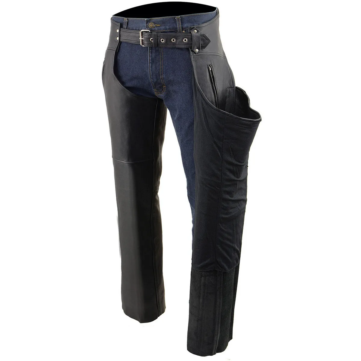 Milwaukee Leather Chaps for Men's Black Prime Leather Zipped Thigh Pocket-Mesh Lined Motorcycle Rider Chap-SH1190