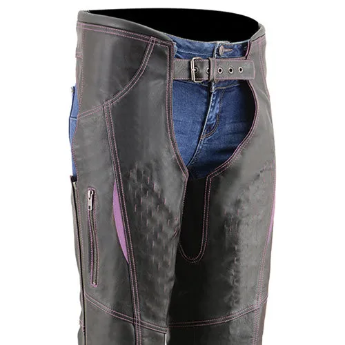 Milwaukee Leather Chaps for Women Black and Purple Premium Skin Laser