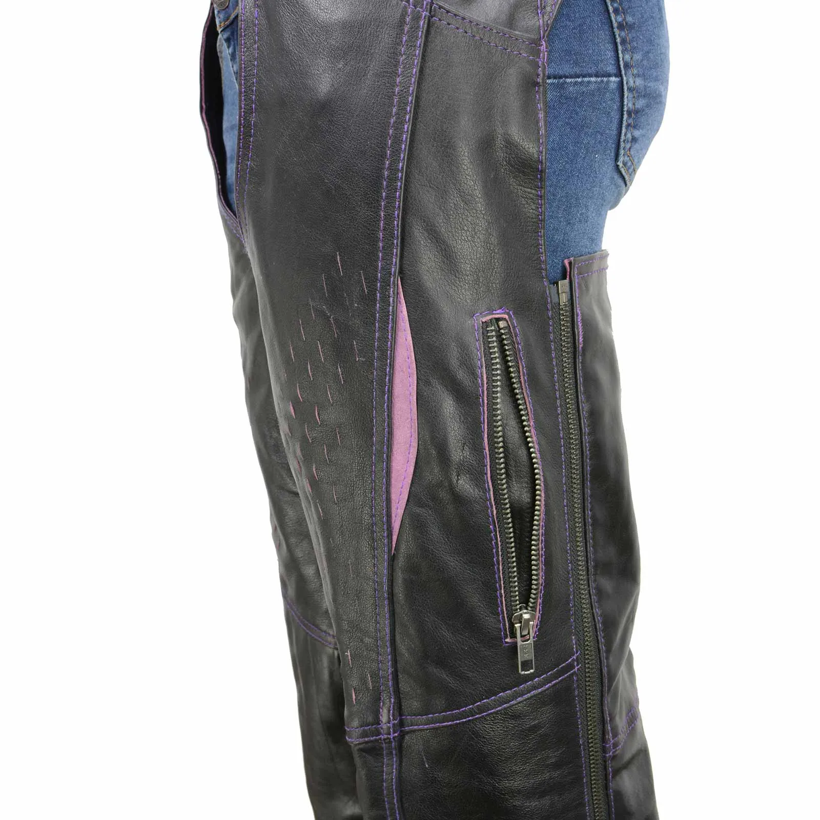 Milwaukee Leather Chaps for Women Black and Purple Premium Skin Laser