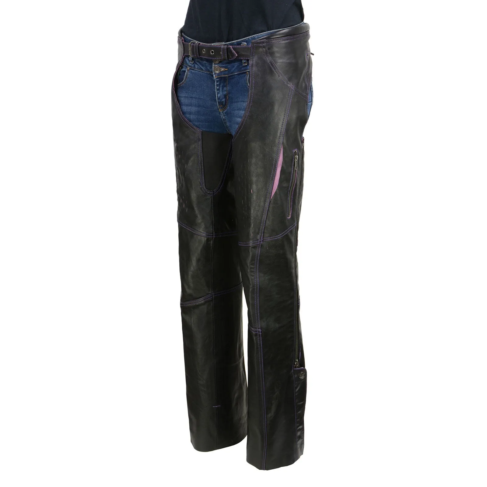 Milwaukee Leather Chaps for Women Black and Purple Premium Skin Laser