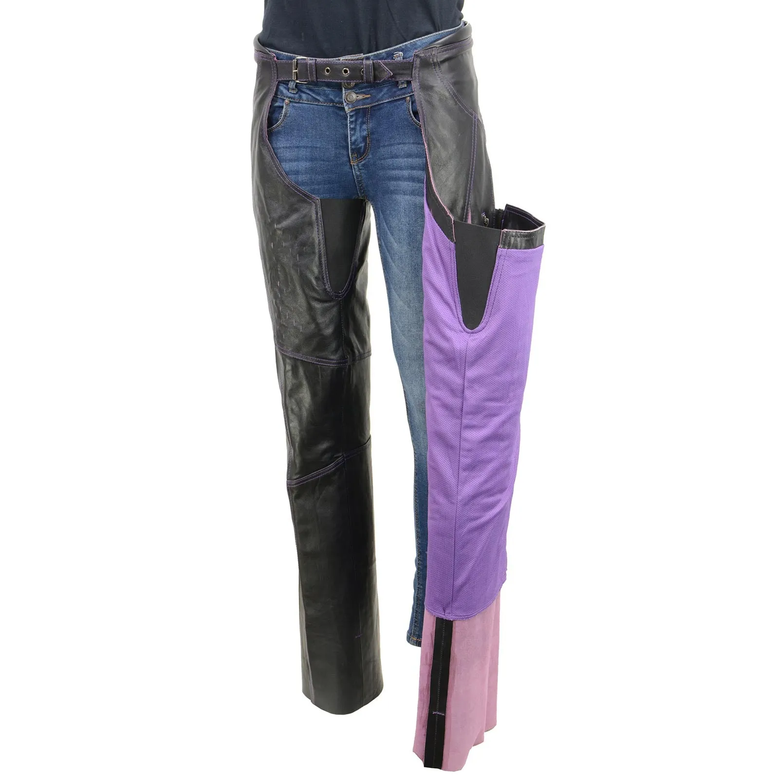 Milwaukee Leather Chaps for Women Black and Purple Premium Skin Laser