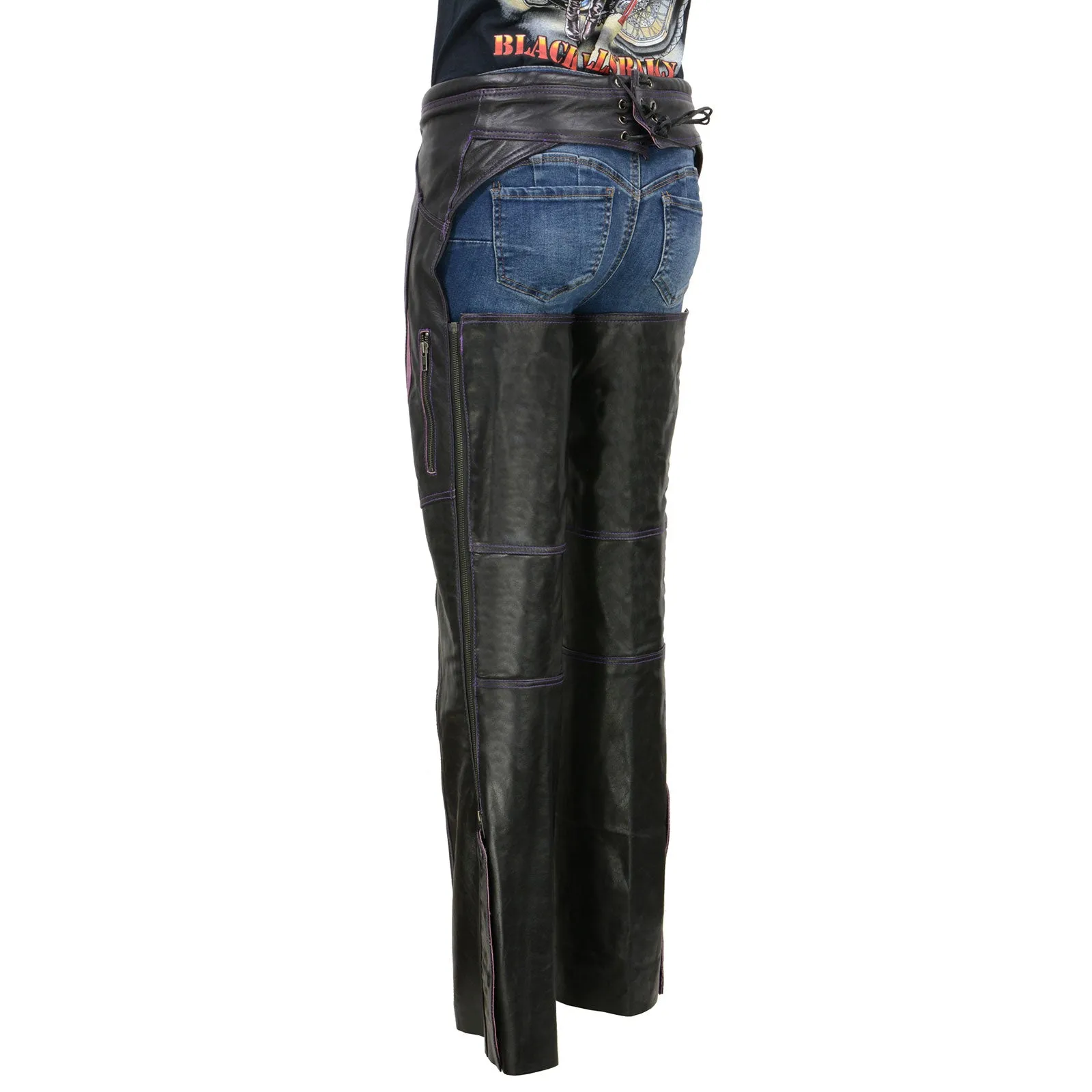 Milwaukee Leather Chaps for Women Black and Purple Premium Skin Laser