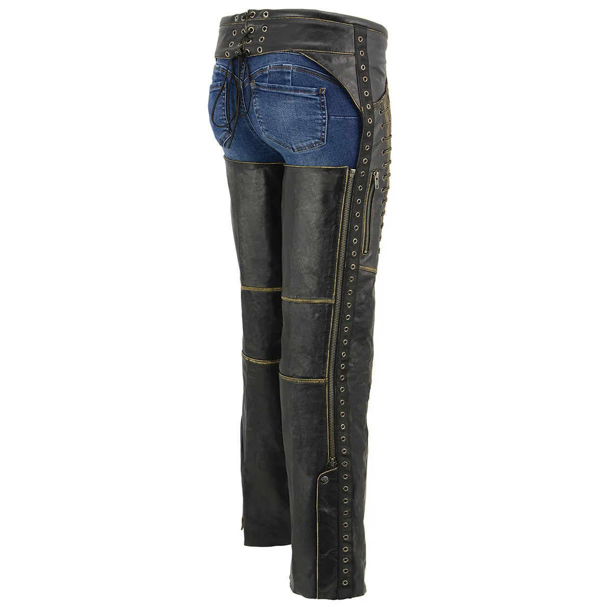 Milwaukee Leather Chaps for Women Black Premium Skin Rubbed Seams- Accented Lace Detailing Motorcycle Chap- MLL6527