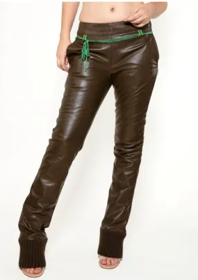 Miu Miu Brown Leather Pants with Ribbed Cuff