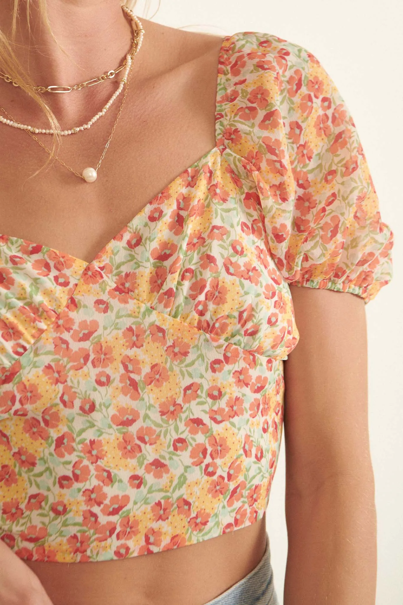 Morning Sun Floral Open-Back Puff-Sleeve Top