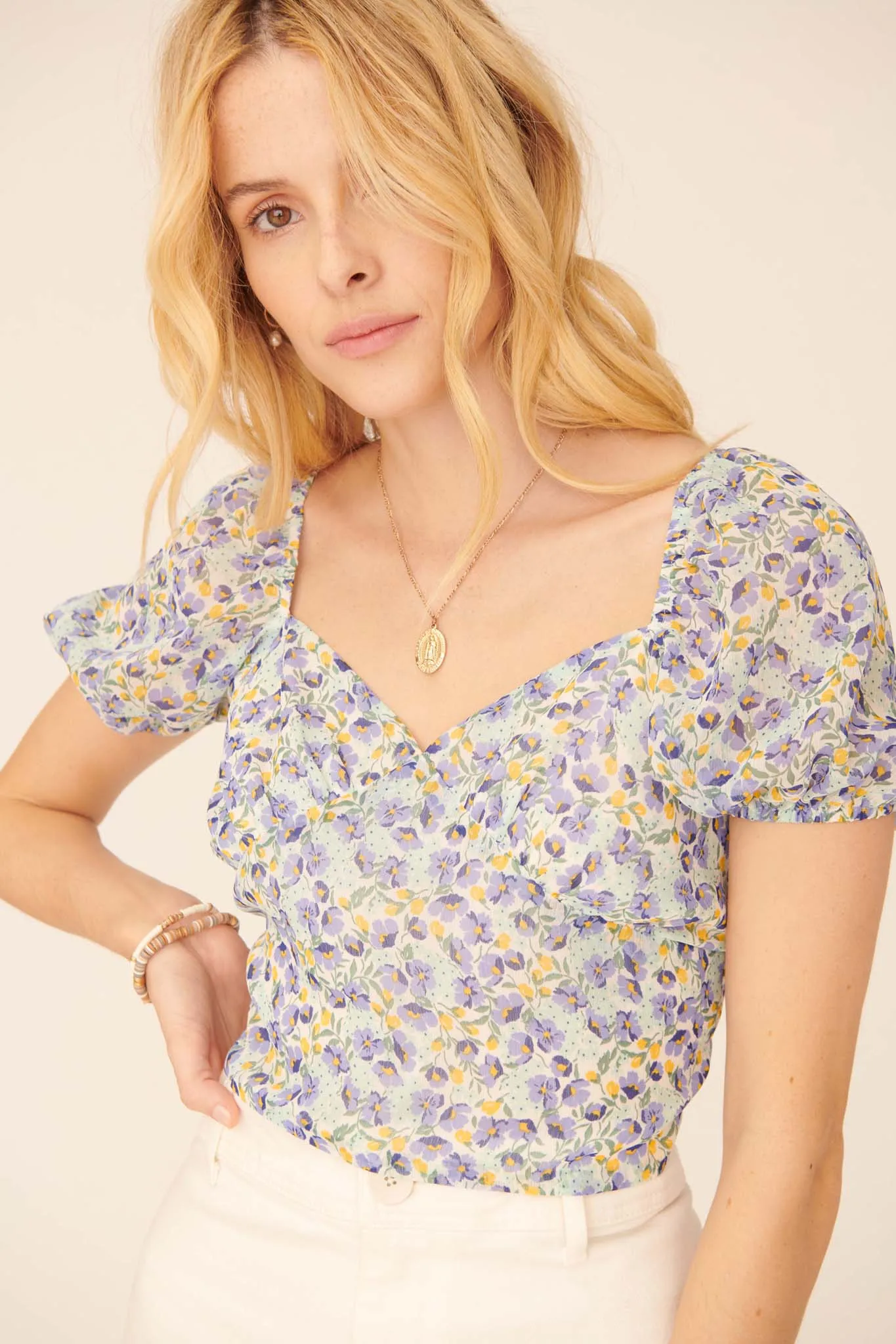 Morning Sun Floral Open-Back Puff-Sleeve Top