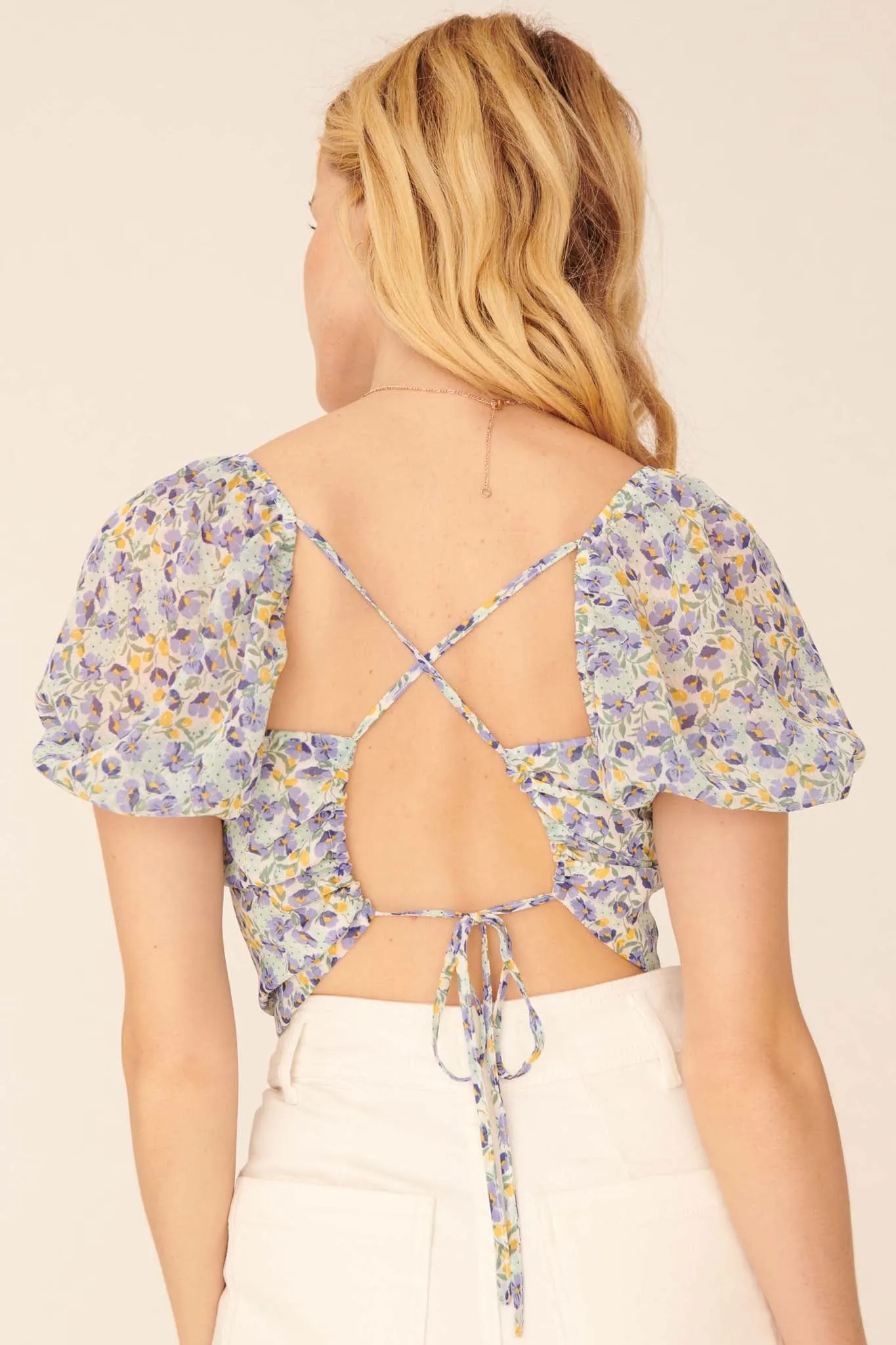 Morning Sun Floral Open-Back Puff-Sleeve Top