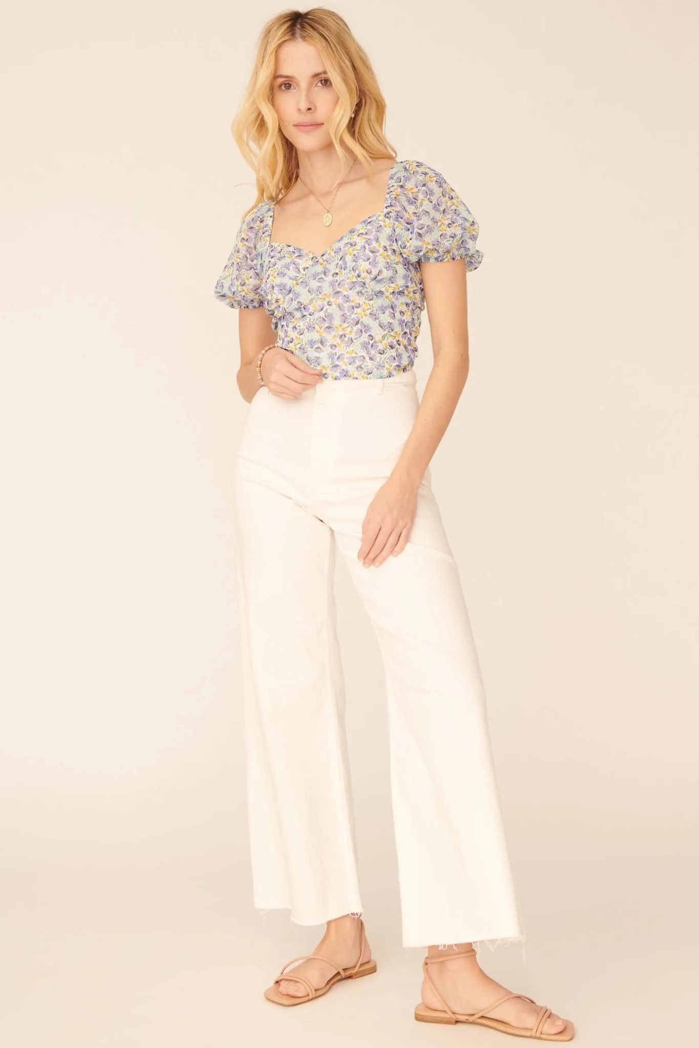 Morning Sun Floral Open-Back Puff-Sleeve Top