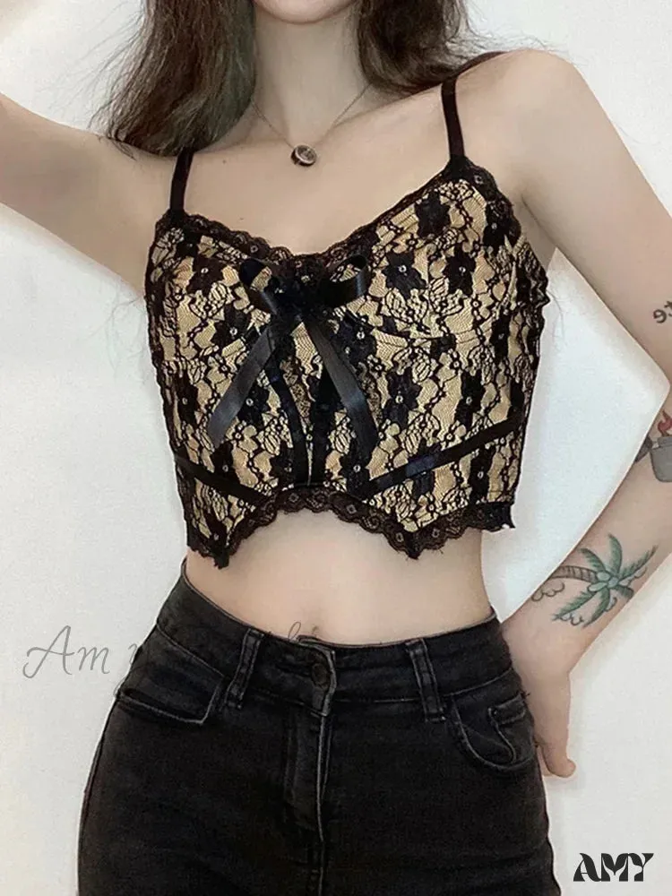 Neck V Lace Girl Double Dark Academia Top E Sexy Aesthetic Crop Layer