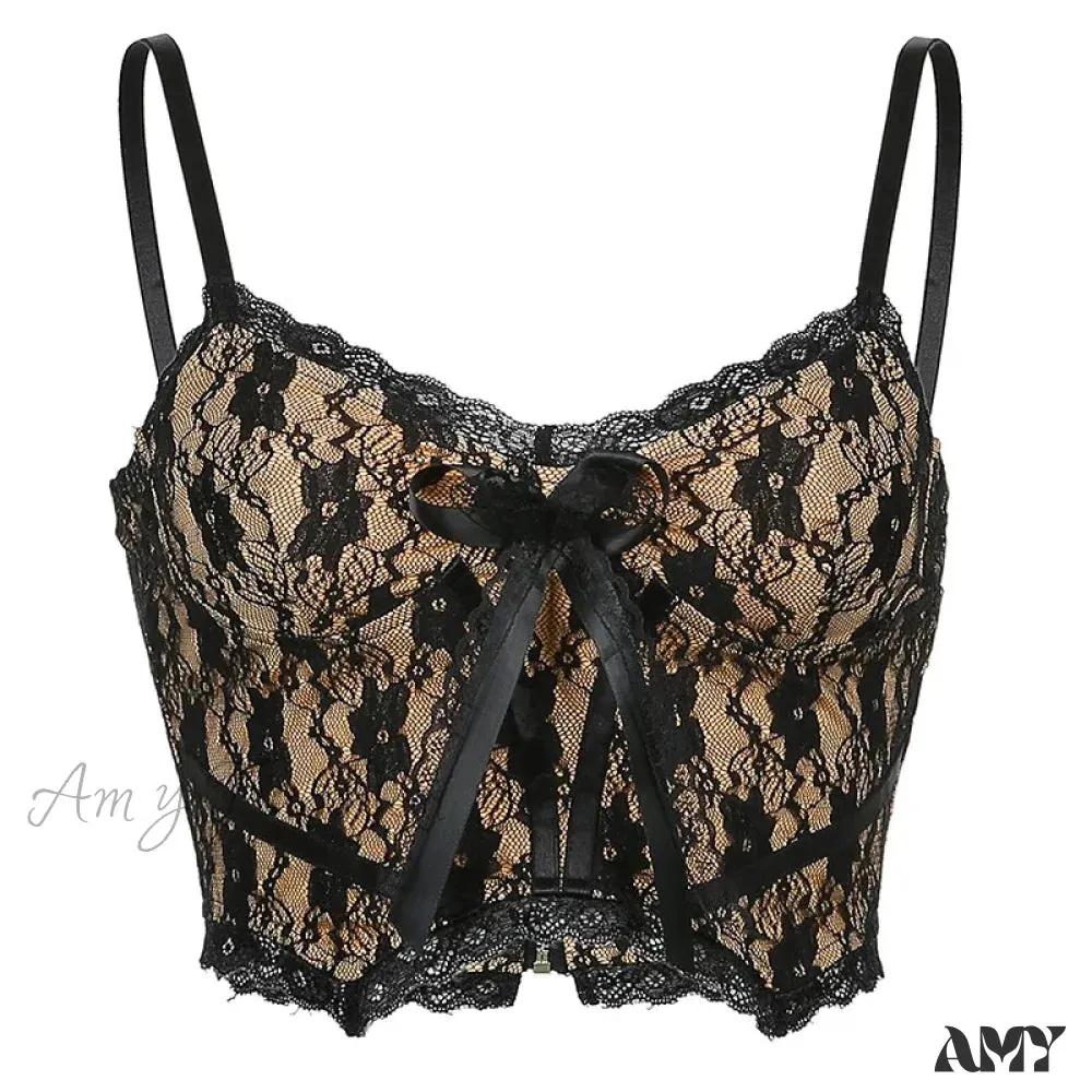 Neck V Lace Girl Double Dark Academia Top E Sexy Aesthetic Crop Layer