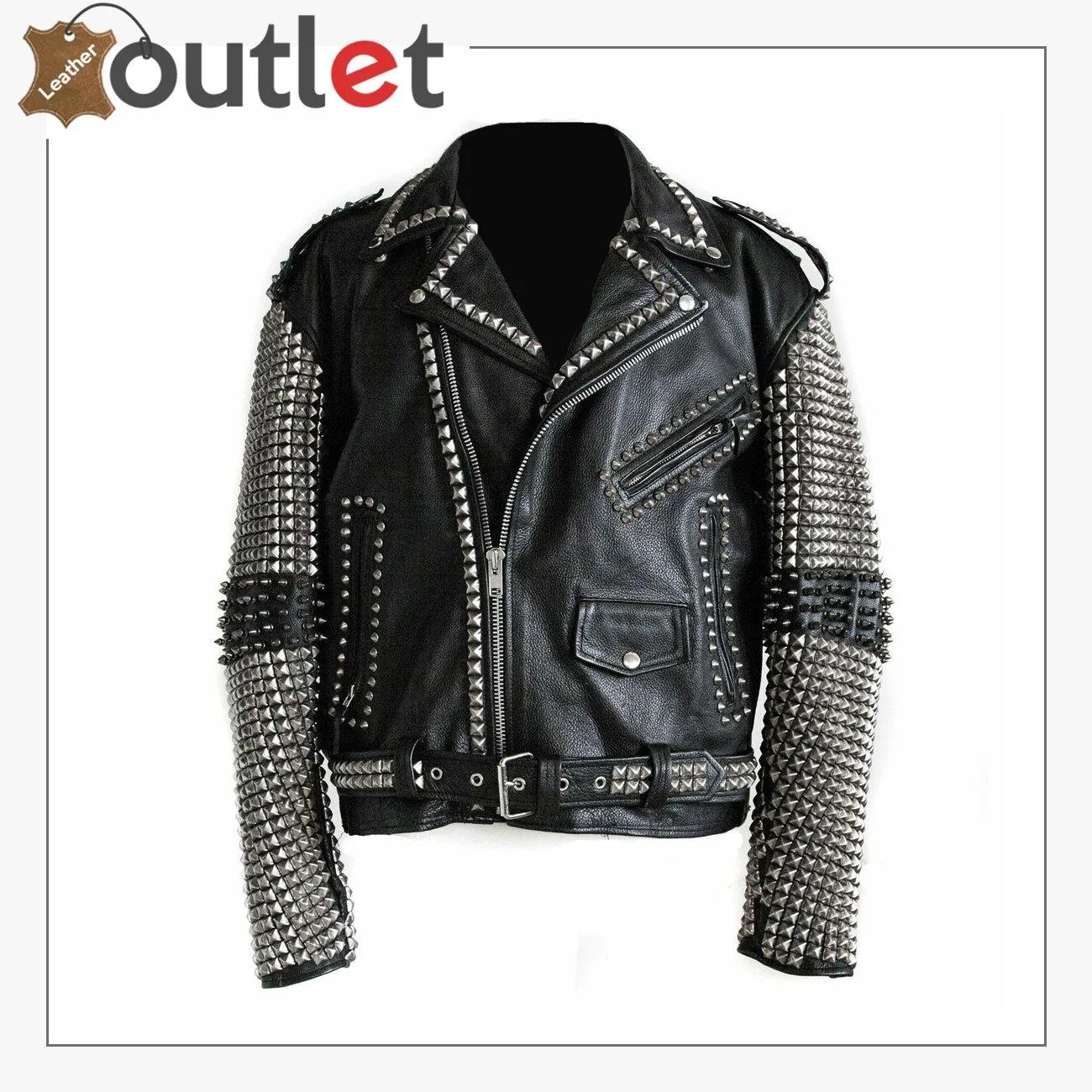 New Men Black Punk Silver Spiked Studded Leather Jacket