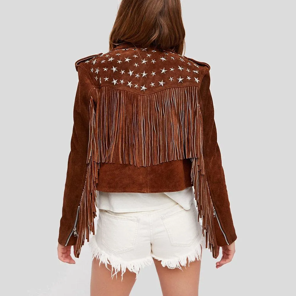 Nora Brown Studded Suede Leather Jacket Fringes