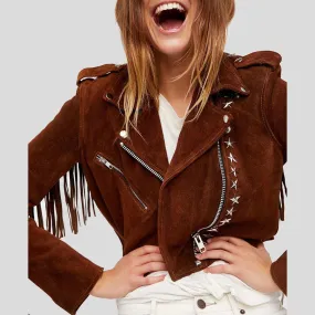 Nora Brown Studded Suede Leather Jacket Fringes