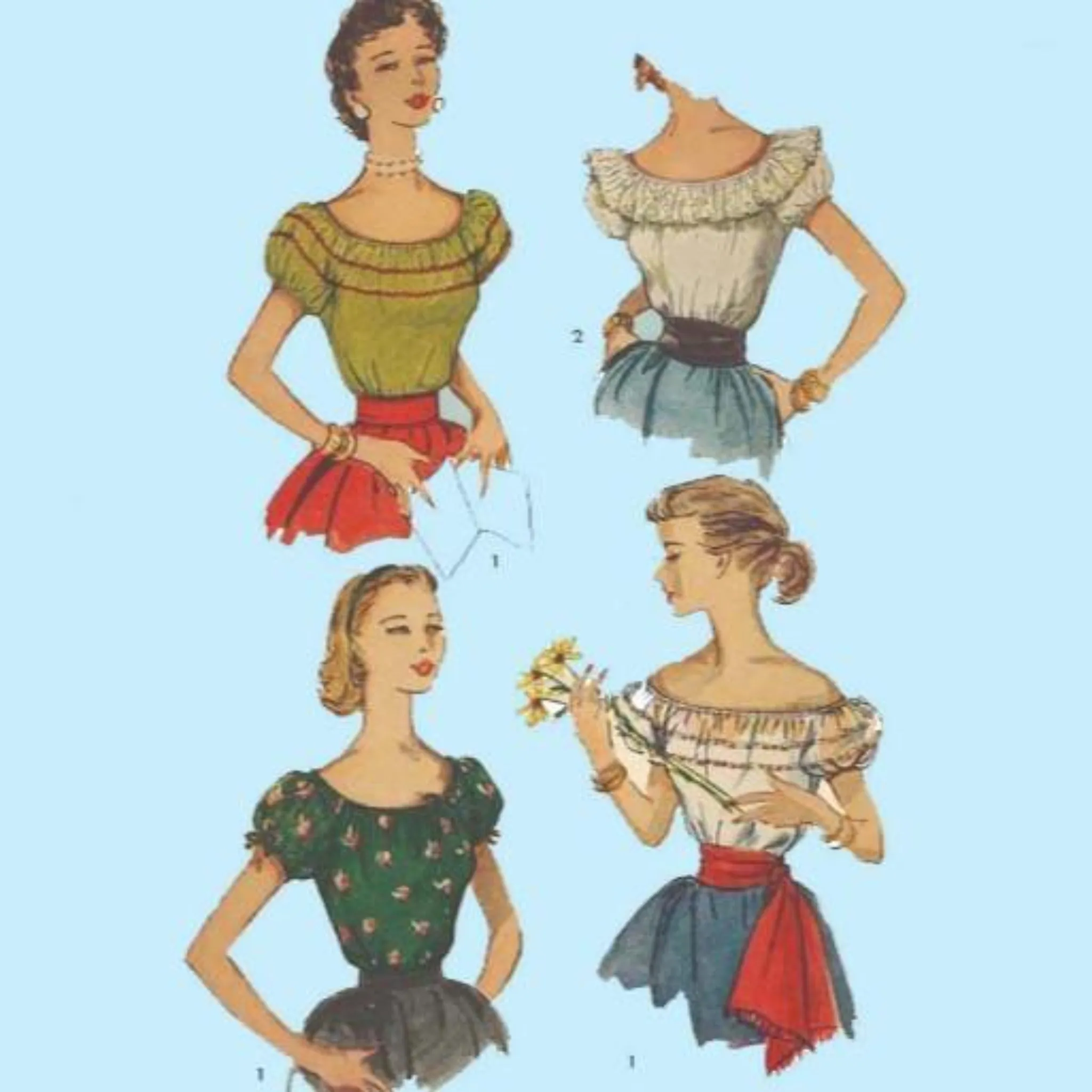 PDF - 1950's Pattern, Peasant Gypsy Blouses, Latin Off Shoulder - 'Easy to Sew' -  Bust 28" (71.1 cms) - Instantly Print at Home