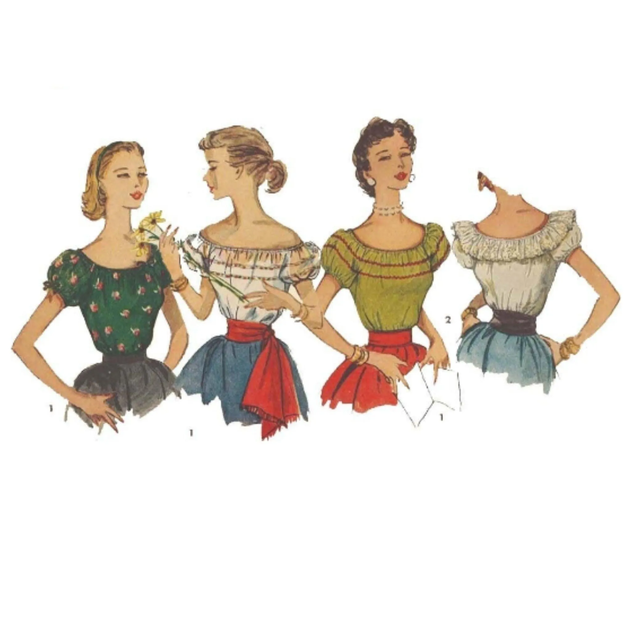 PDF - 1950's Pattern, Peasant Gypsy Blouses, Latin Off Shoulder - 'Easy to Sew' -  Bust 28" (71.1 cms) - Instantly Print at Home