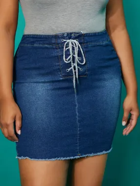 Plain Raw Hem High Waist Mini Plus Size Denim Skirt