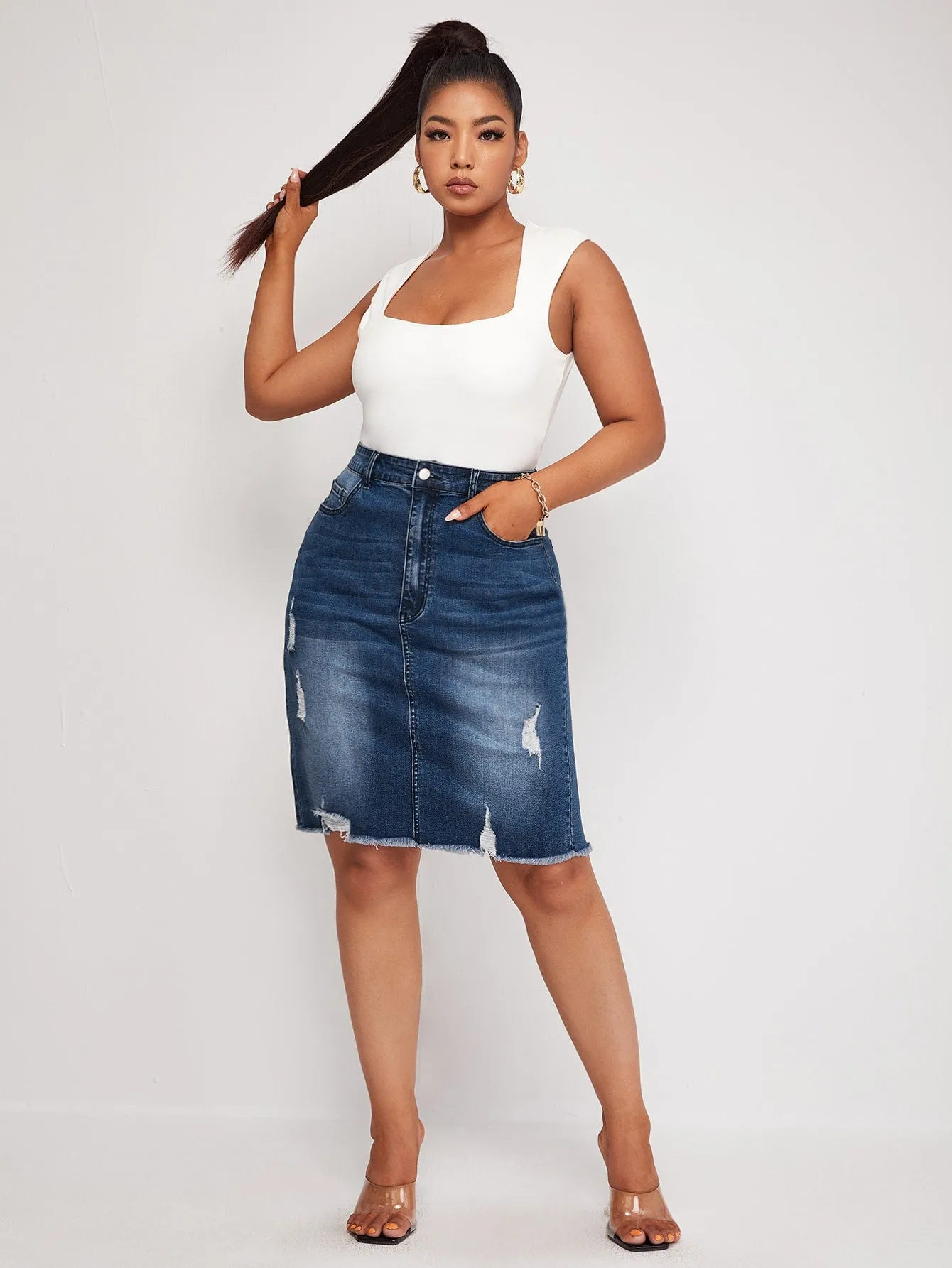 Plain Split High Waist Short Plus Size Denim Skirt