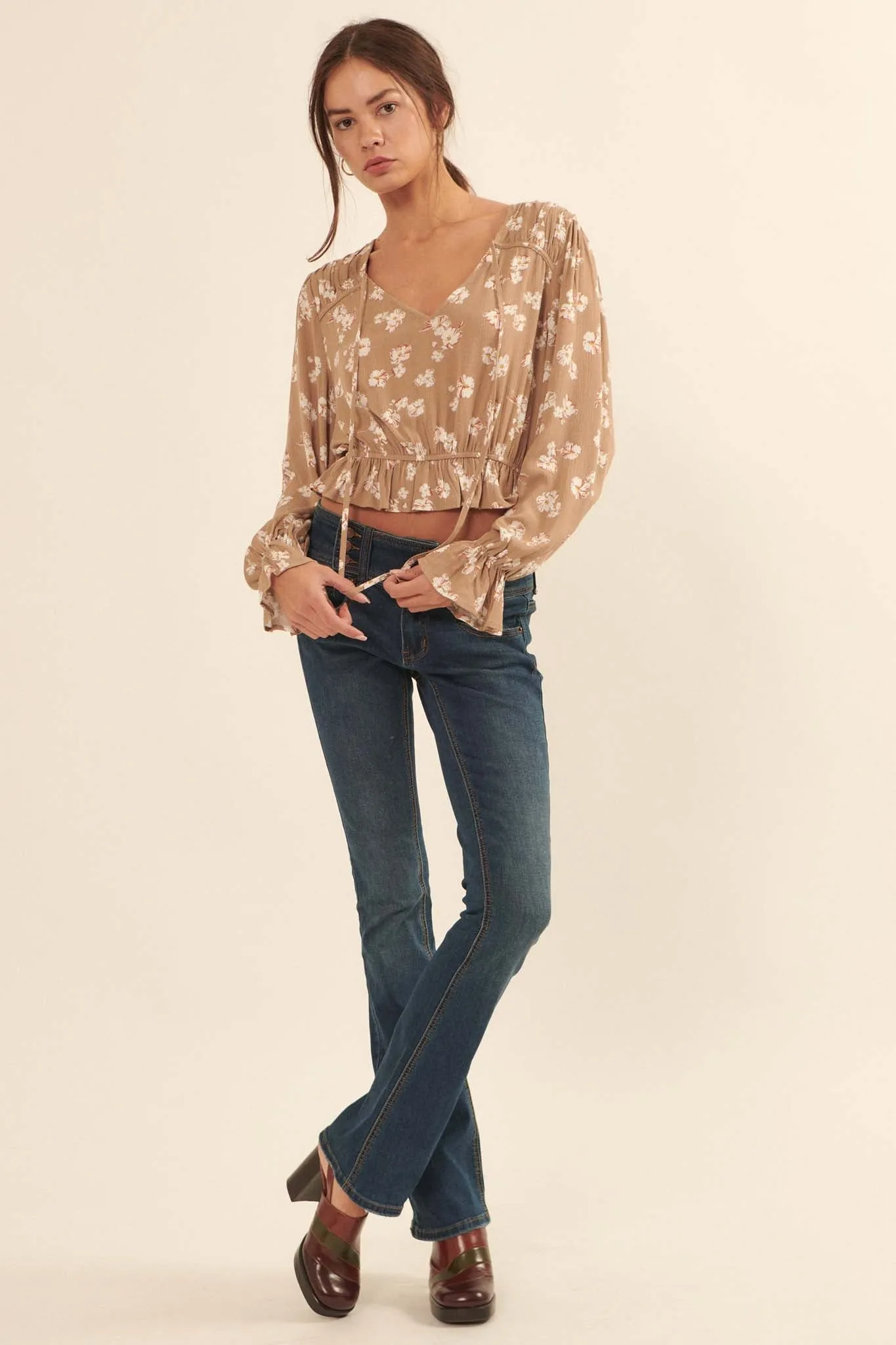 Poetic Petals Ruffled Floral Cropped Peasant Top