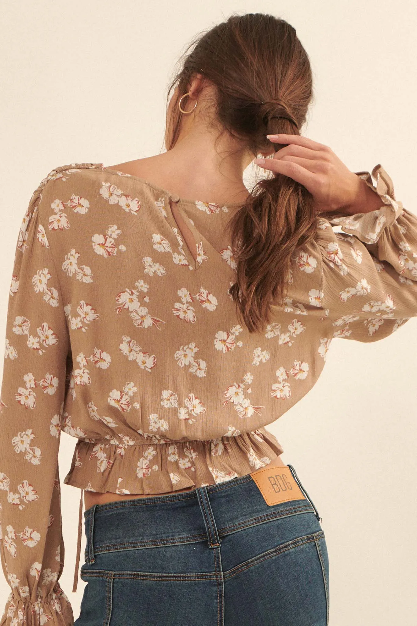 Poetic Petals Ruffled Floral Cropped Peasant Top