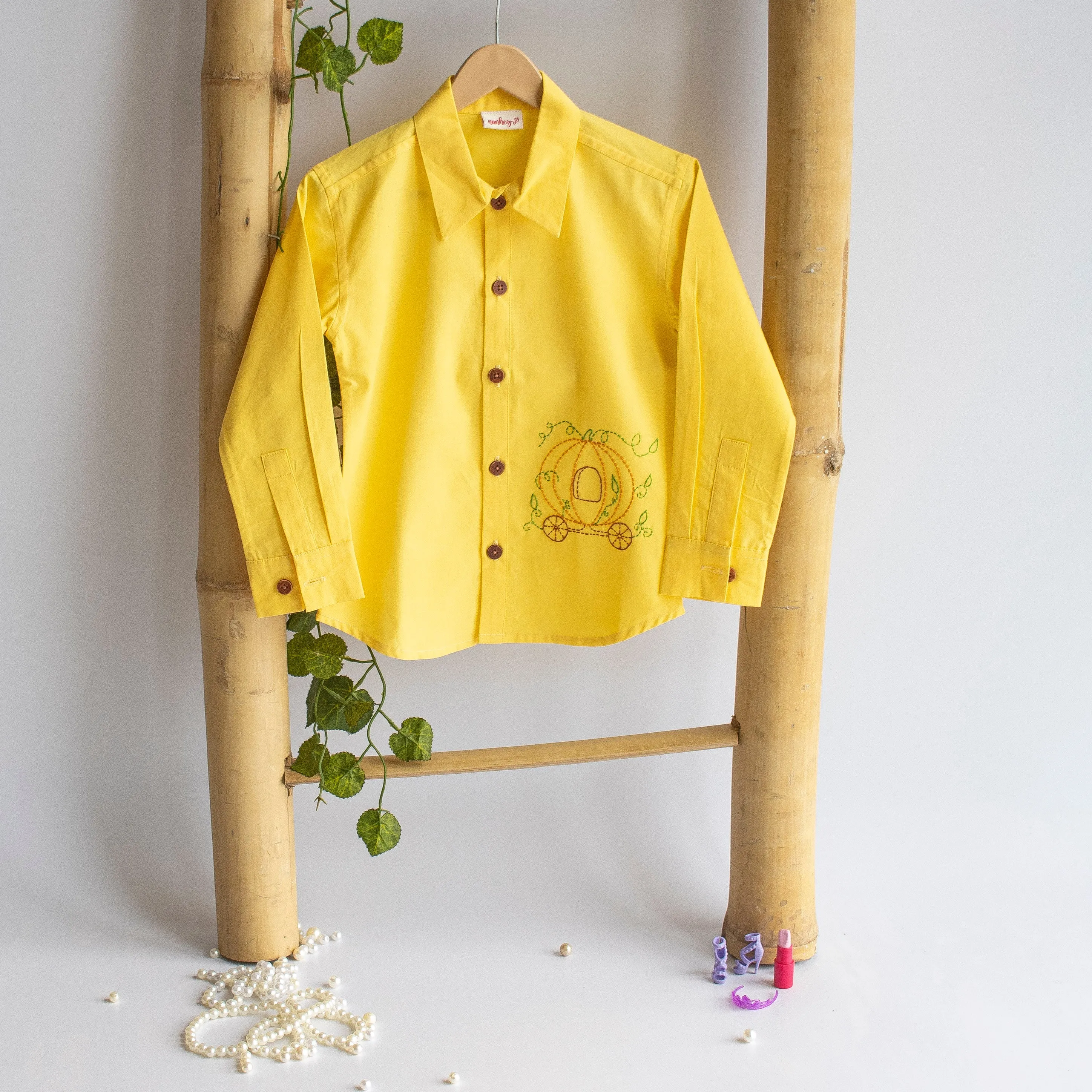 Pumpkin Carriage Embroidered Shirt - Yellow