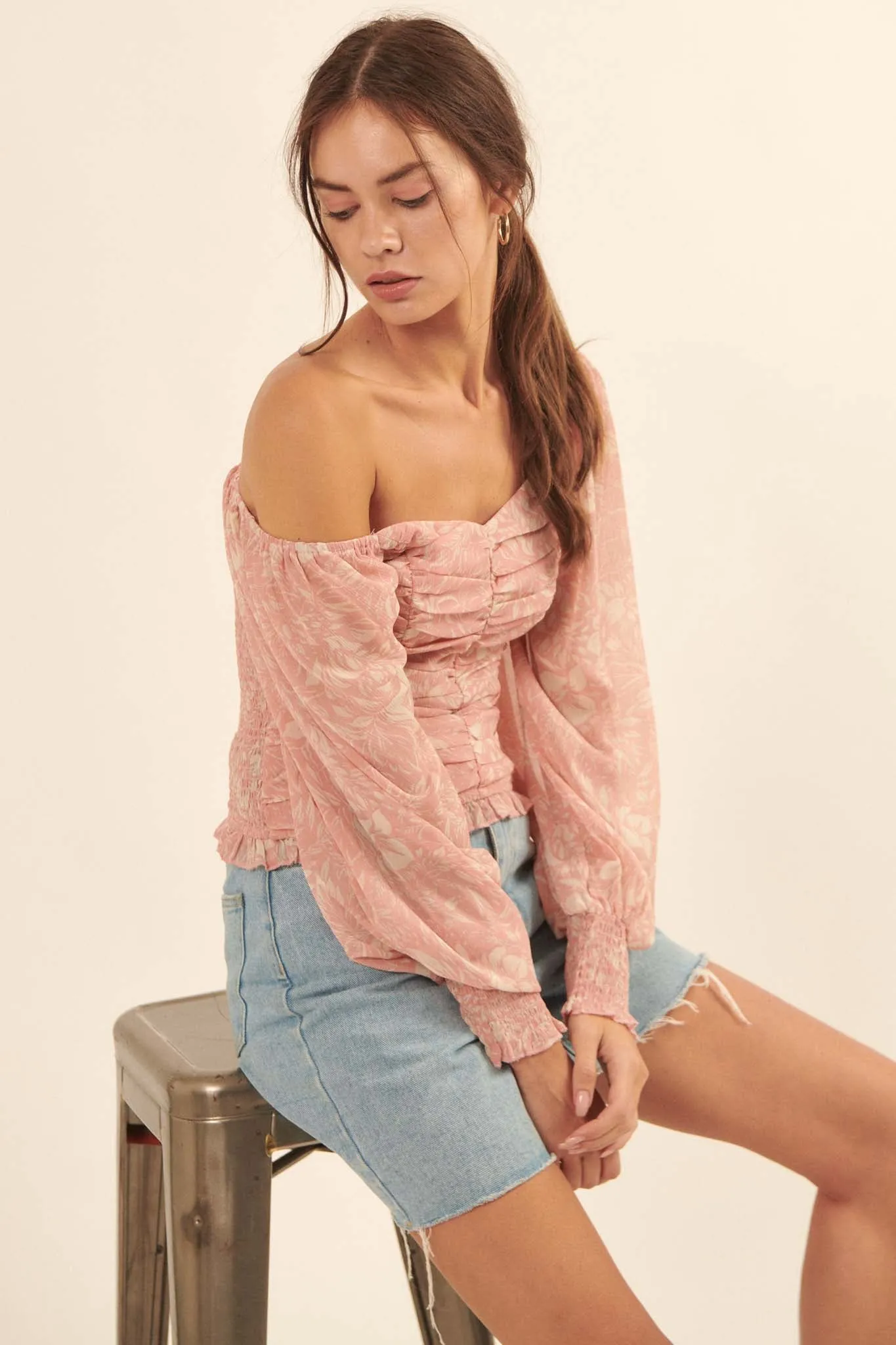 Pure Paradise Ruched Floral Chiffon Peasant Top