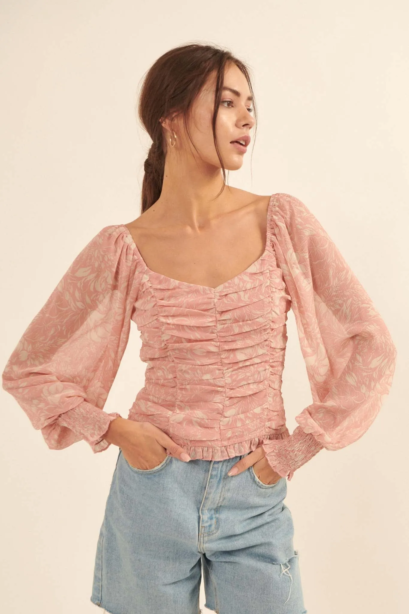 Pure Paradise Ruched Floral Chiffon Peasant Top