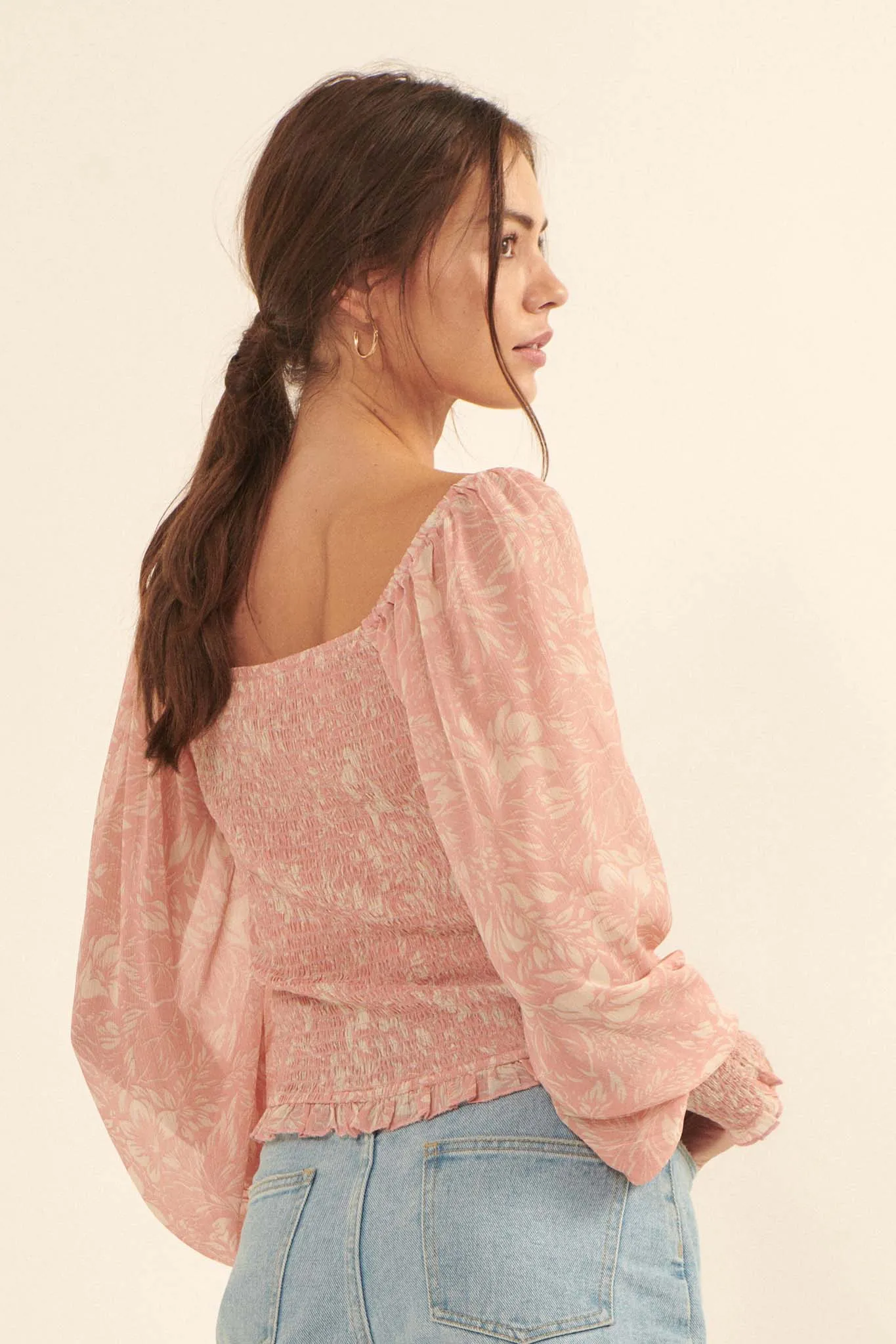 Pure Paradise Ruched Floral Chiffon Peasant Top