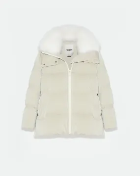 "A" line down jacket in icy water-repellent technical fabric with collar trim in fluffy lambswool