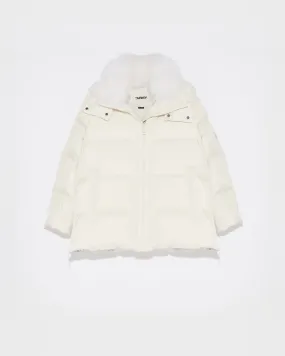 "A" line down jacket in water-repellent technical fabric with fluffy lambswool collar