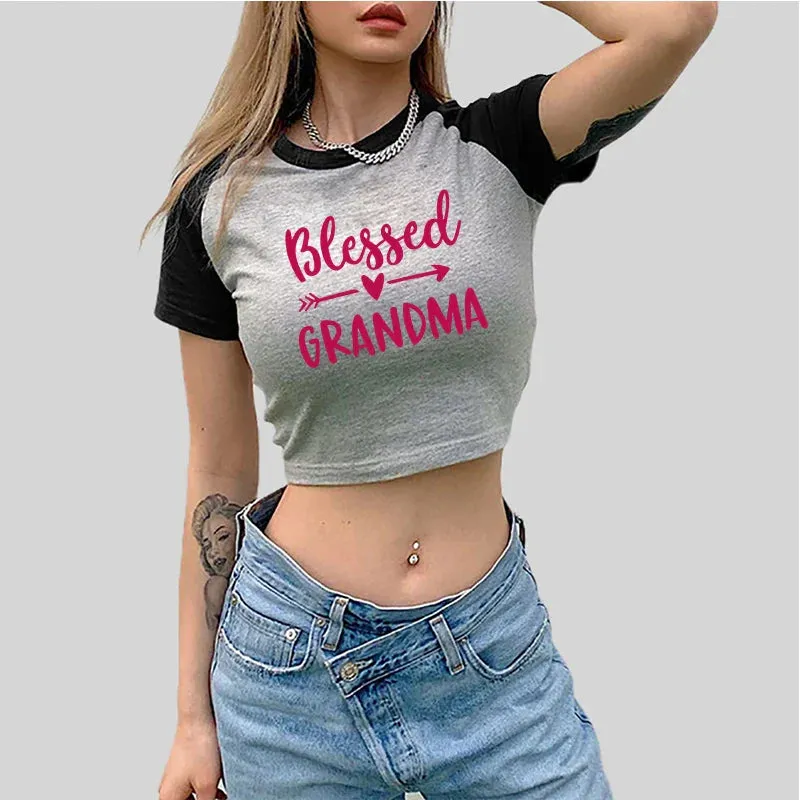 Reflective American Retro Sports Style Crop Top O-Neck Baby Tee Crop Top