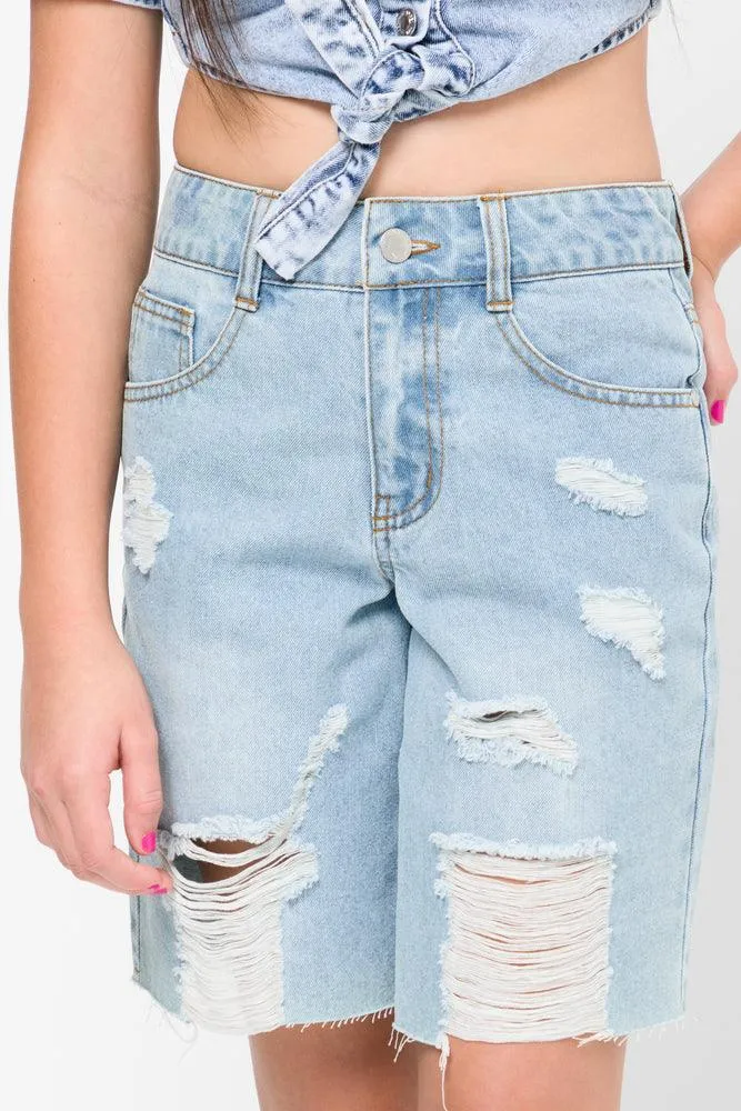 Ripped Denim Shorts Light Blue