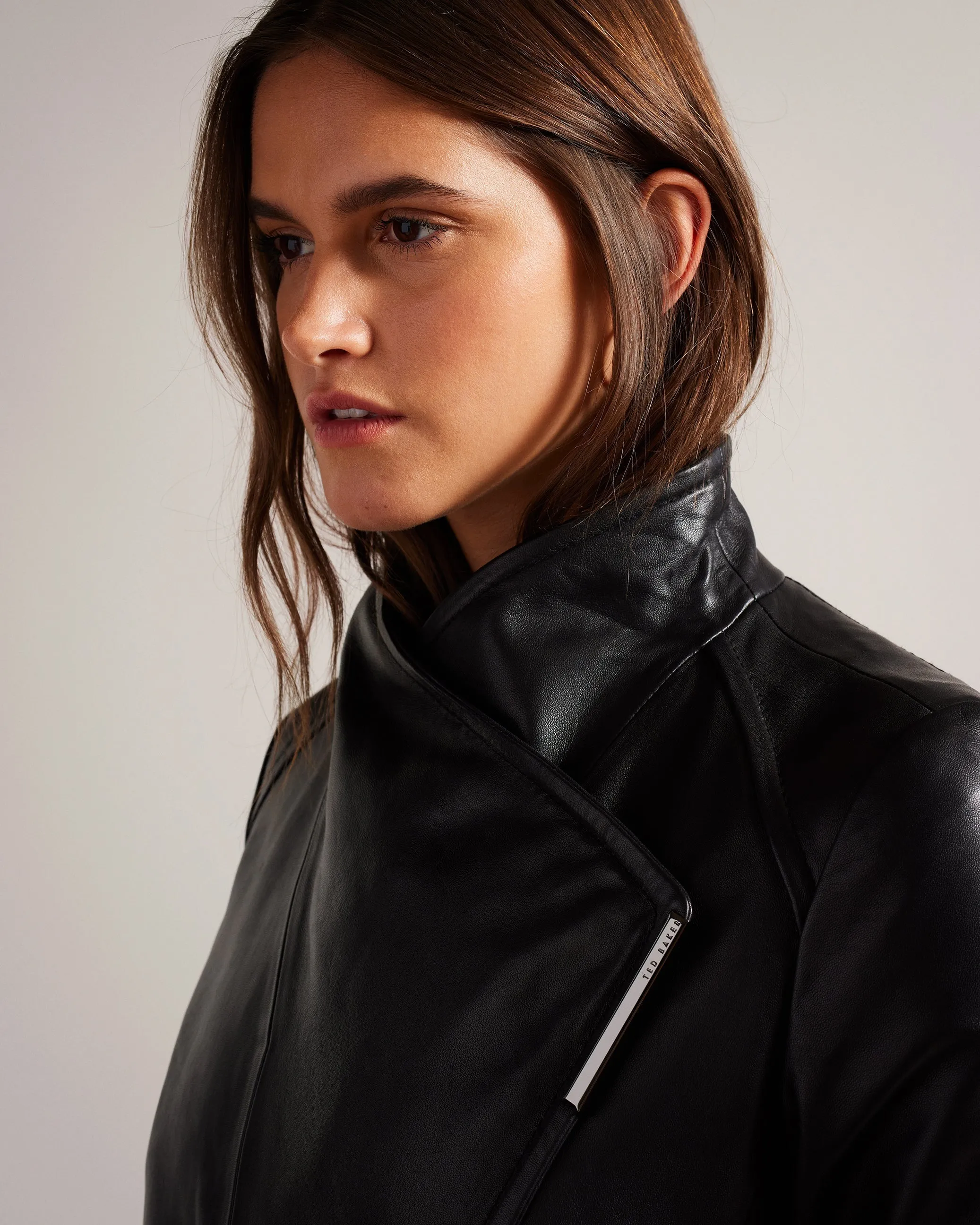 Rossii Mid Length Leather Wrap Coat Black