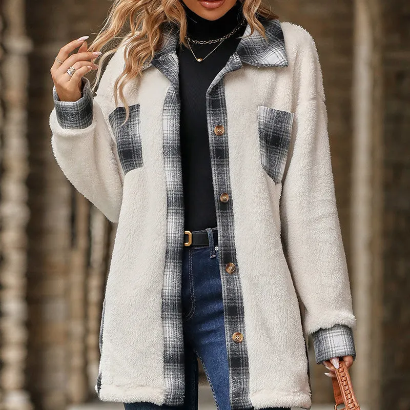 Single-Breasted Lapel Mid-Length Plaid Plush Coats Wholesale Womens Clothing N3823111600018