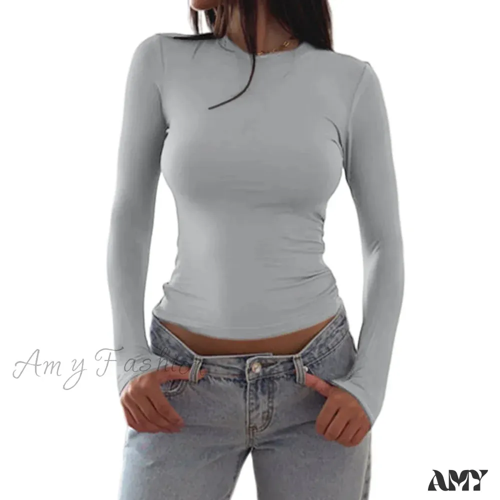 Slim Fit Plain Basic Long Sleeve Simple Casual Daily Crop Top