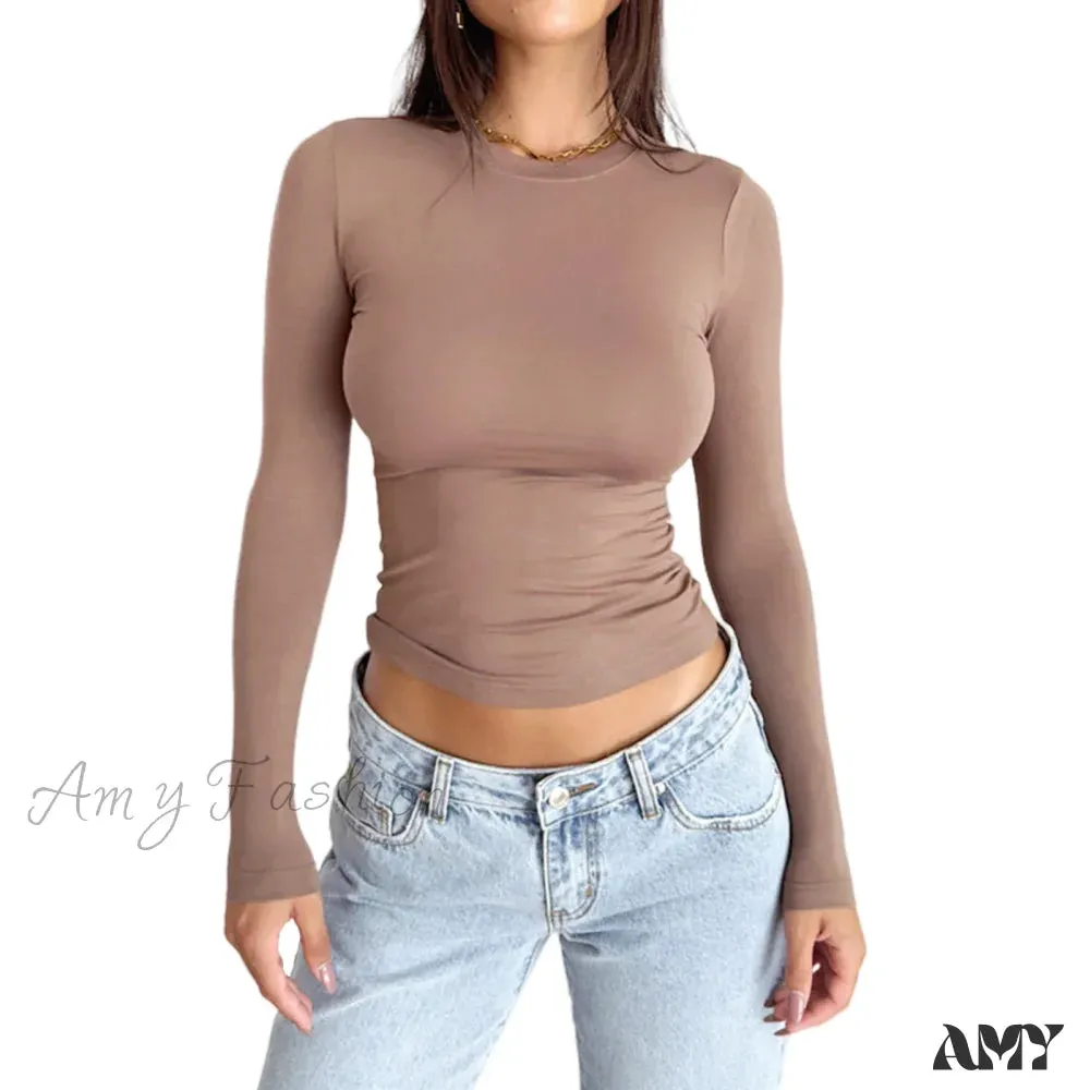 Slim Fit Plain Basic Long Sleeve Simple Casual Daily Crop Top