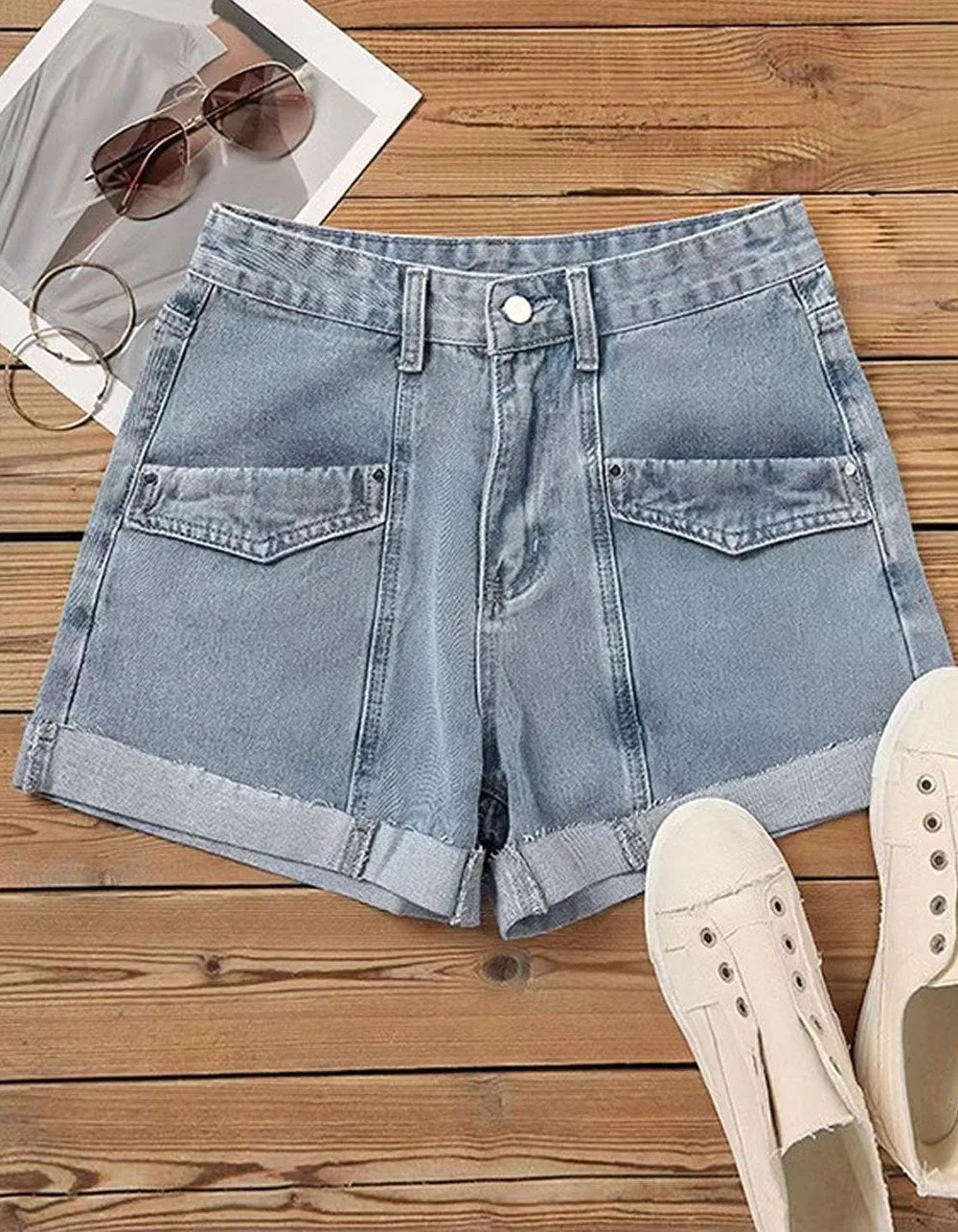 Solid-color Patchwork Flip-Flop Ripped Pocket Button Denim Shorts