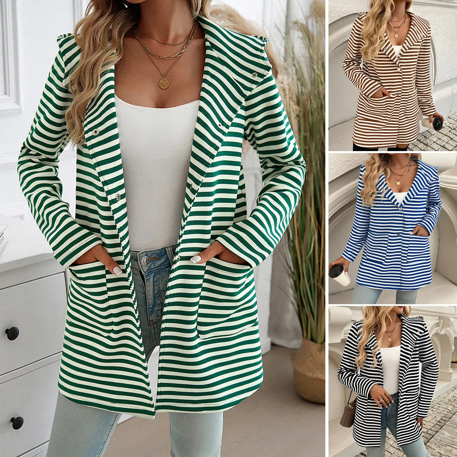 Striped Cardigan Hooded Knitted Long Sleeve Jackets Wholesale Womens Clothing N3824082000002