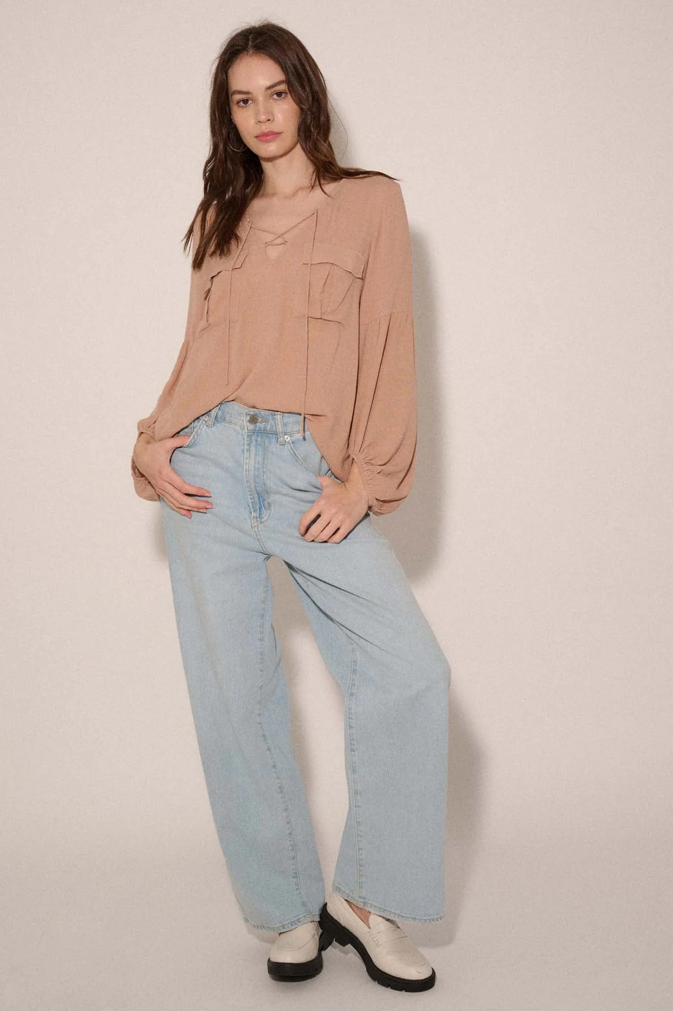 True Nature Balloon-Sleeve Pocket Peasant Top