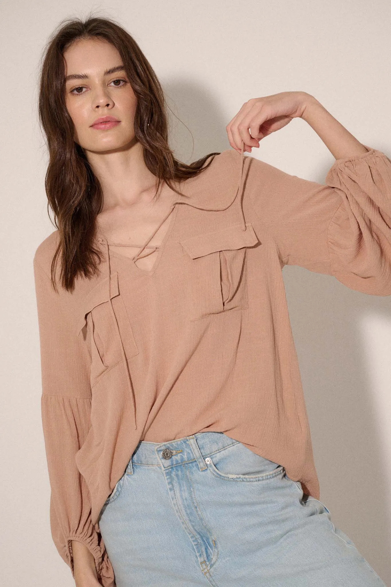 True Nature Balloon-Sleeve Pocket Peasant Top