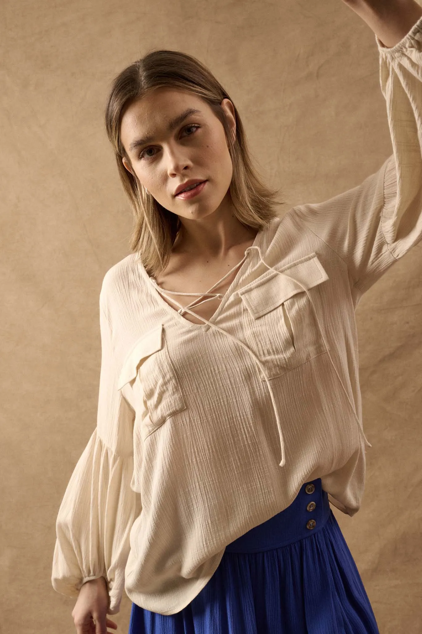 True Nature Balloon-Sleeve Pocket Peasant Top