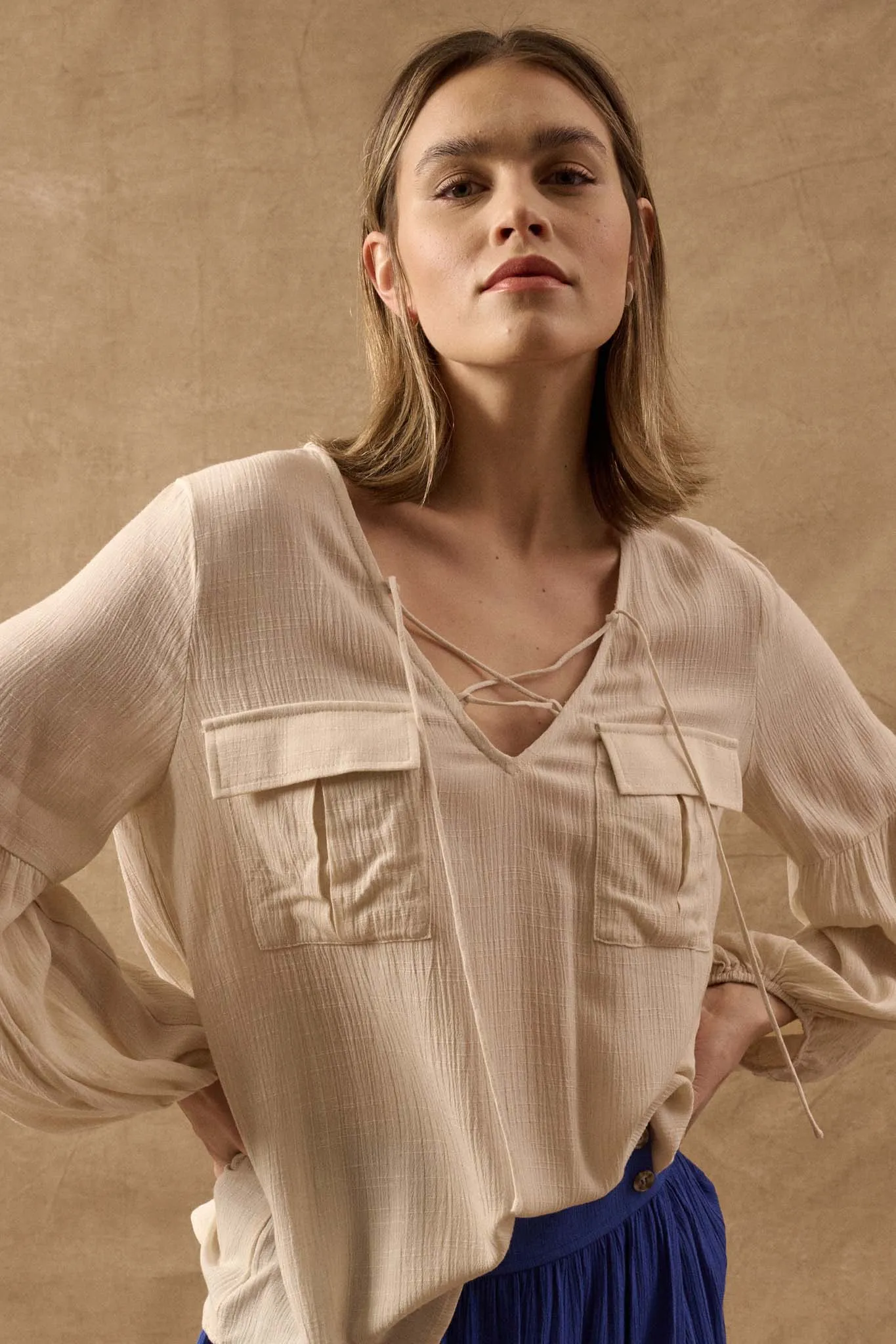 True Nature Balloon-Sleeve Pocket Peasant Top